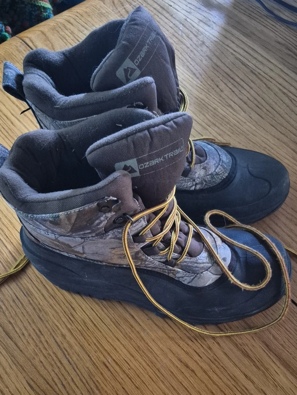 Ozark Trail Men's Brown Camo Lace-Up Hunting Boots with Yellow Laces